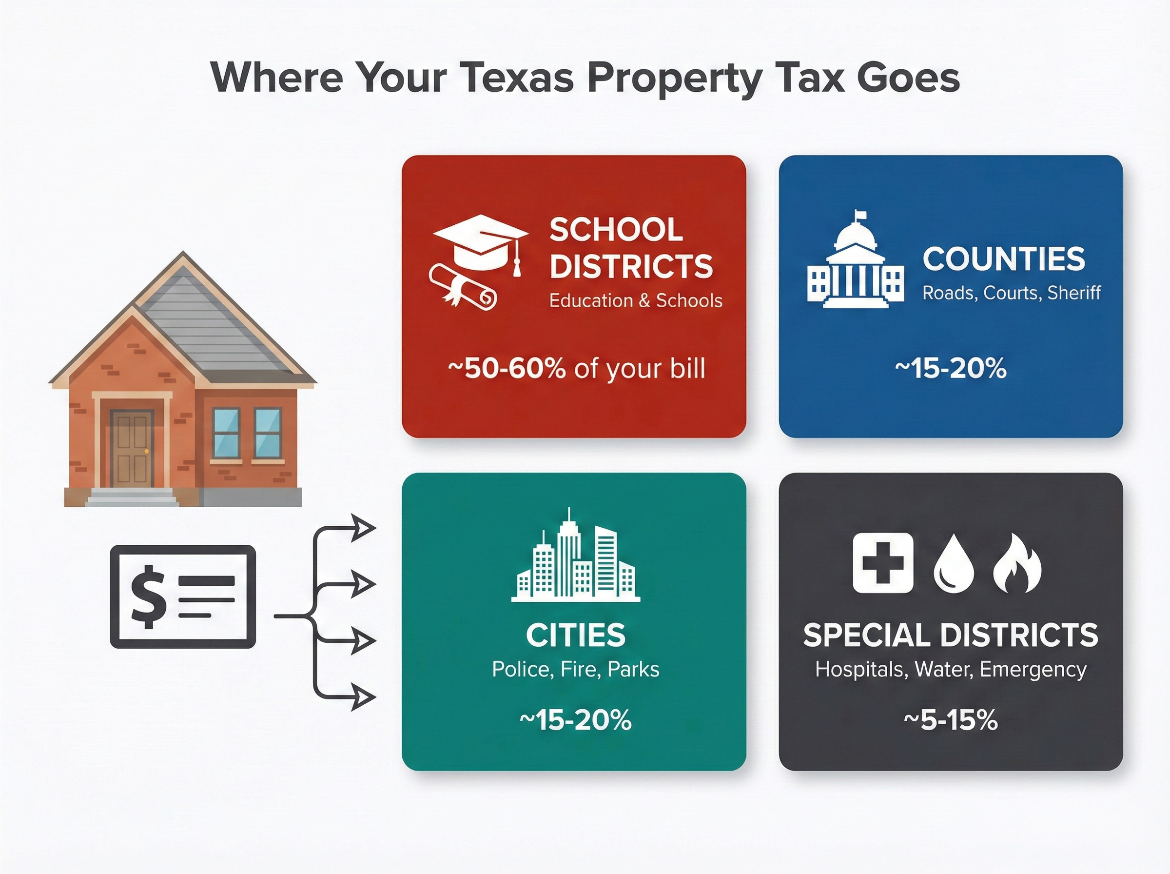 Illustration showing how Texas property taxes flow from homeowners to four types of taxing entities
