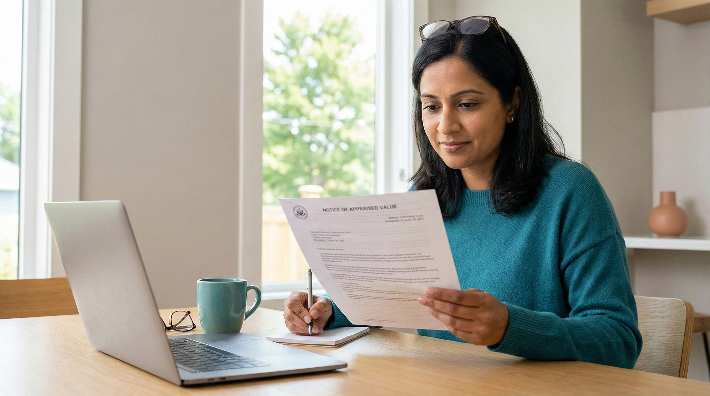 South Asian woman thoughtfully reviewing property tax notice at home with confident, empowered expression