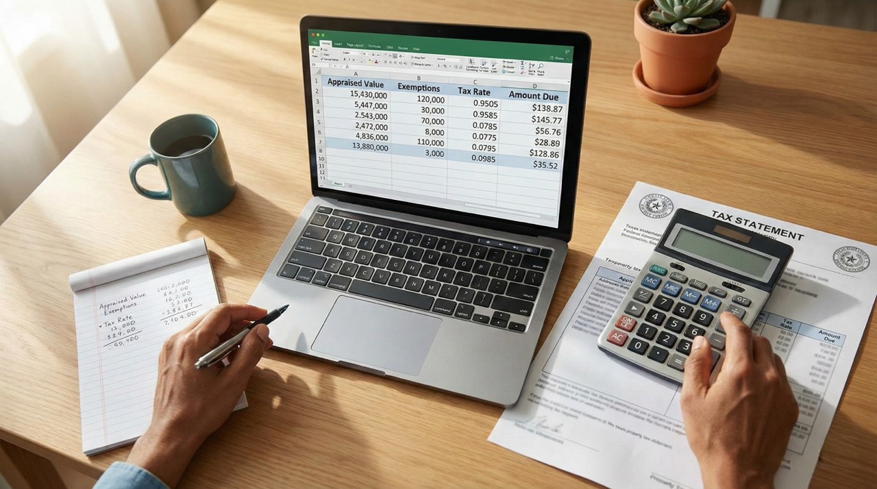 Overhead view of homeowner reviewing property tax calculations on laptop with calculator and notes on wooden desk