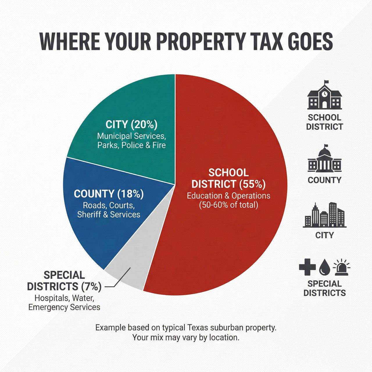 Pie chart showing property tax distribution: schools 55%, city 20%, county 18%, special districts 7%
