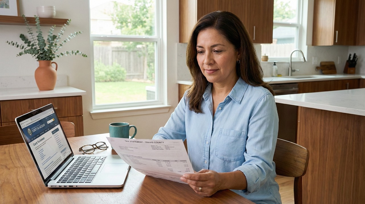 Hispanic woman reviewing property tax bill at bright kitchen table with laptop and coffee in modern Texas home