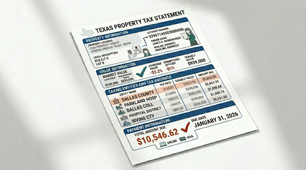 Sample Texas property tax bill showing property information, assessed values, taxing entities breakdown, and payment details