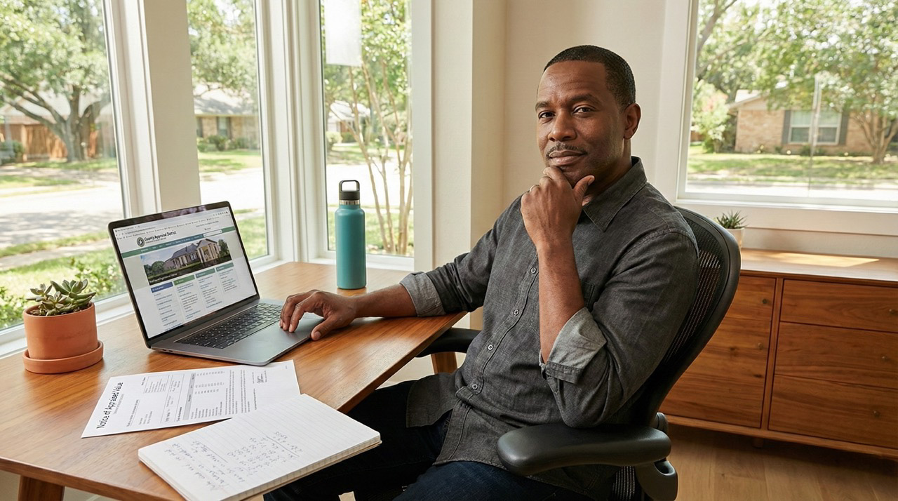 Black homeowner sitting at desk reviewing property appraisal notice with confident thoughtful expression in bright home office
