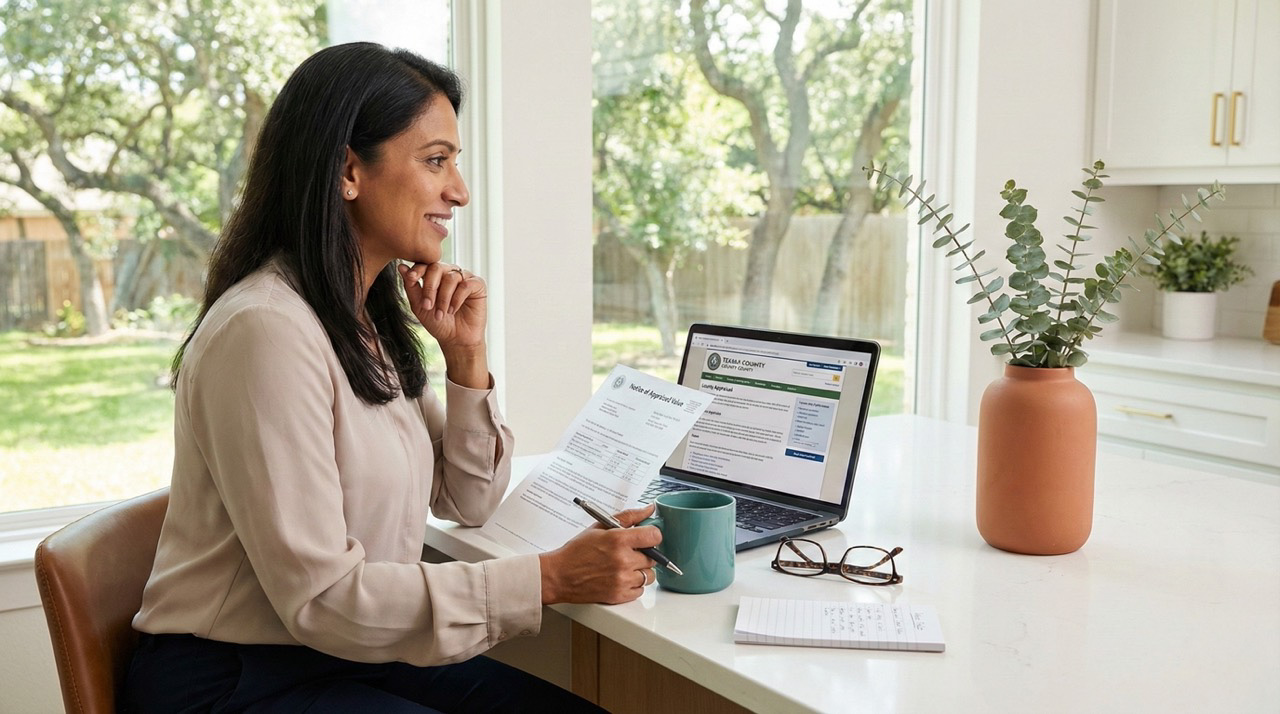South Asian woman reviewing property tax notice at bright kitchen counter with laptop and coffee, confident expression