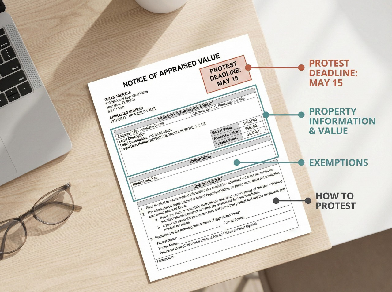 Annotated Notice of Appraised Value document mockup showing key sections including protest deadline and property values