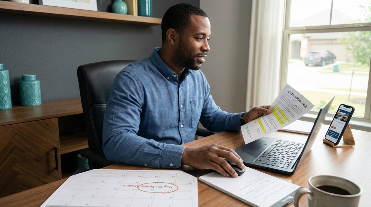 Black man at home office desk reviewing property tax notice with laptop, marking protest deadline on calendar, confident expression