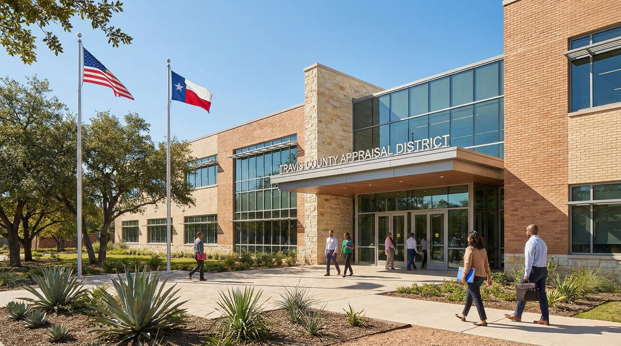 Modern Texas county appraisal district building exterior with blue sky, landscaped entrance, and people entering