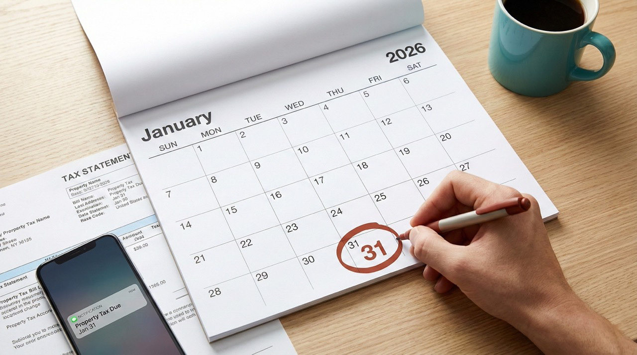 Overhead view of January calendar with 31st circled in red marker, property tax bill and smartphone reminder on desk