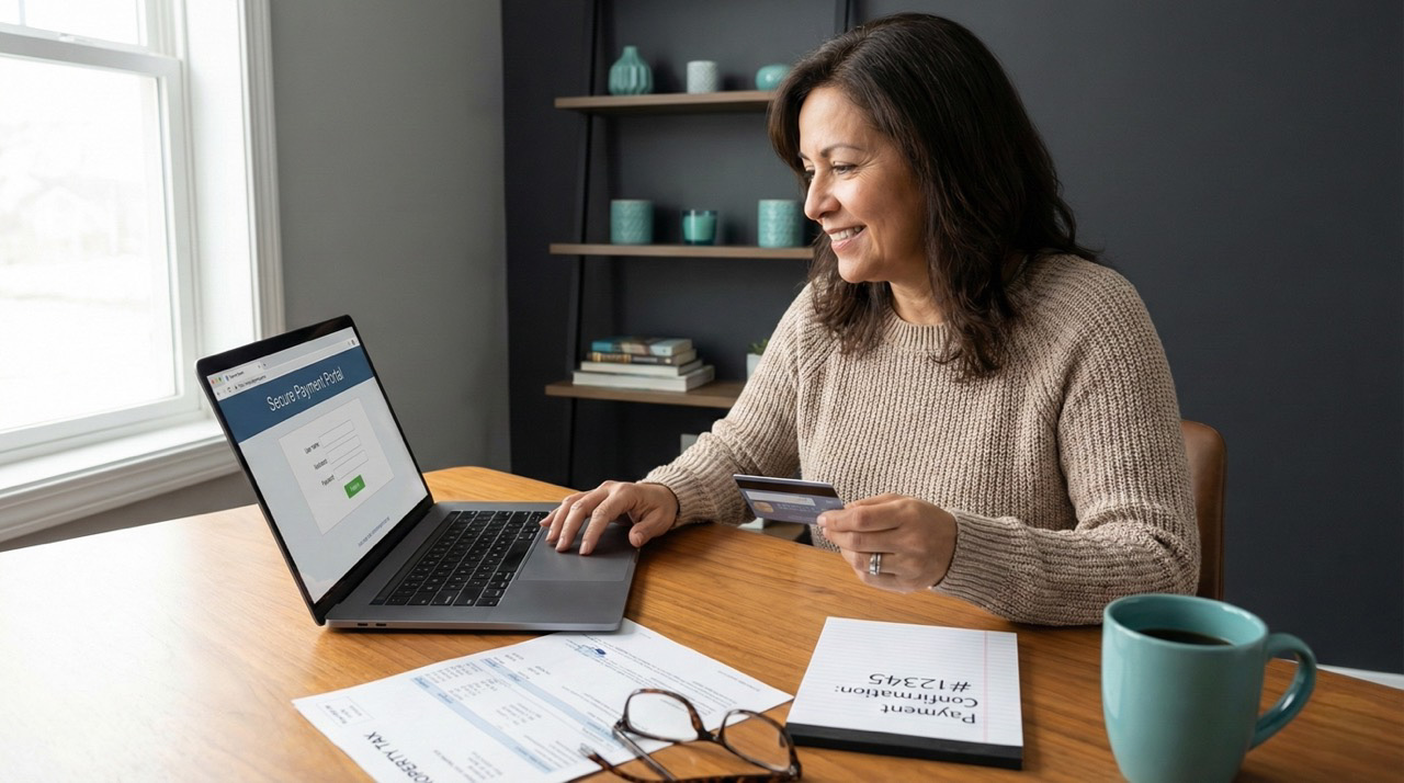 Hispanic woman at home making online property tax payment on laptop with credit card, confident satisfied expression