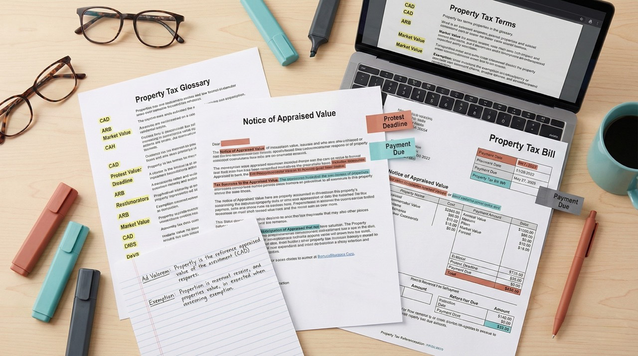 Overhead view of property tax documents with glossary reference materials, highlighters, and notes on clean desk