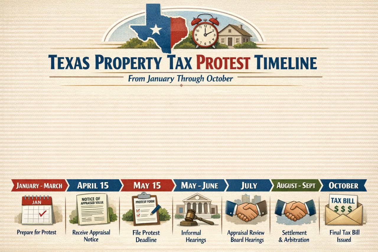 Texas property tax protest timeline from January through October showing key deadlines and milestones