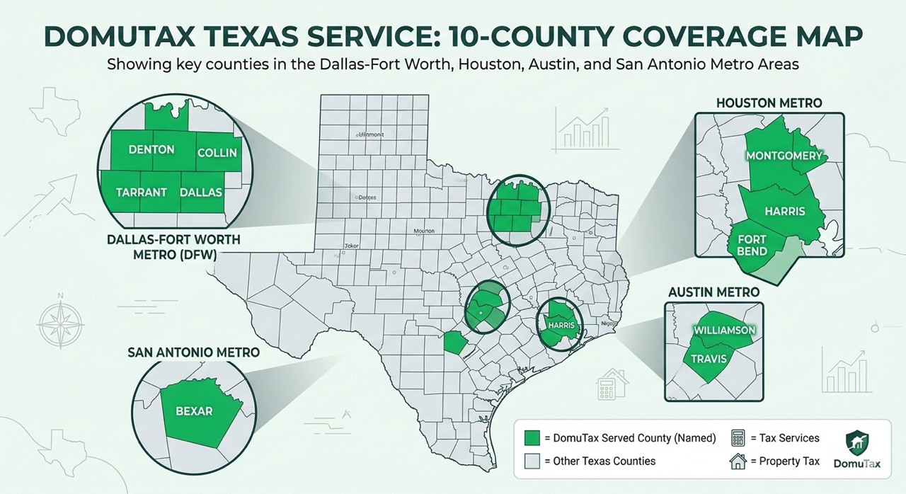 Map of Texas showing 10 counties served by DomuTax across Dallas-Fort Worth, Houston, Austin, and San Antonio metro areas