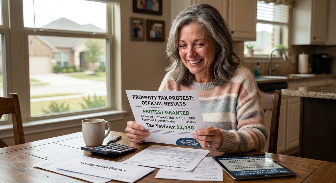 Relieved homeowner reading positive results from a property tax protest, no upfront fee model