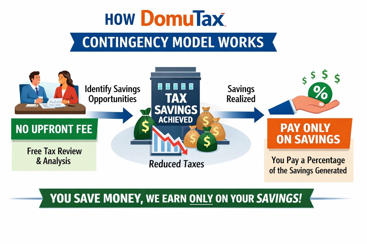 Diagram showing how DomuTax contingency model works with no upfront fee and payment only on savings