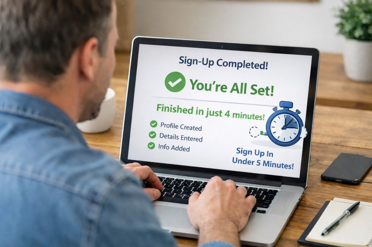 Homeowner completing DomuTax online sign-up process on laptop in under 5 minutes