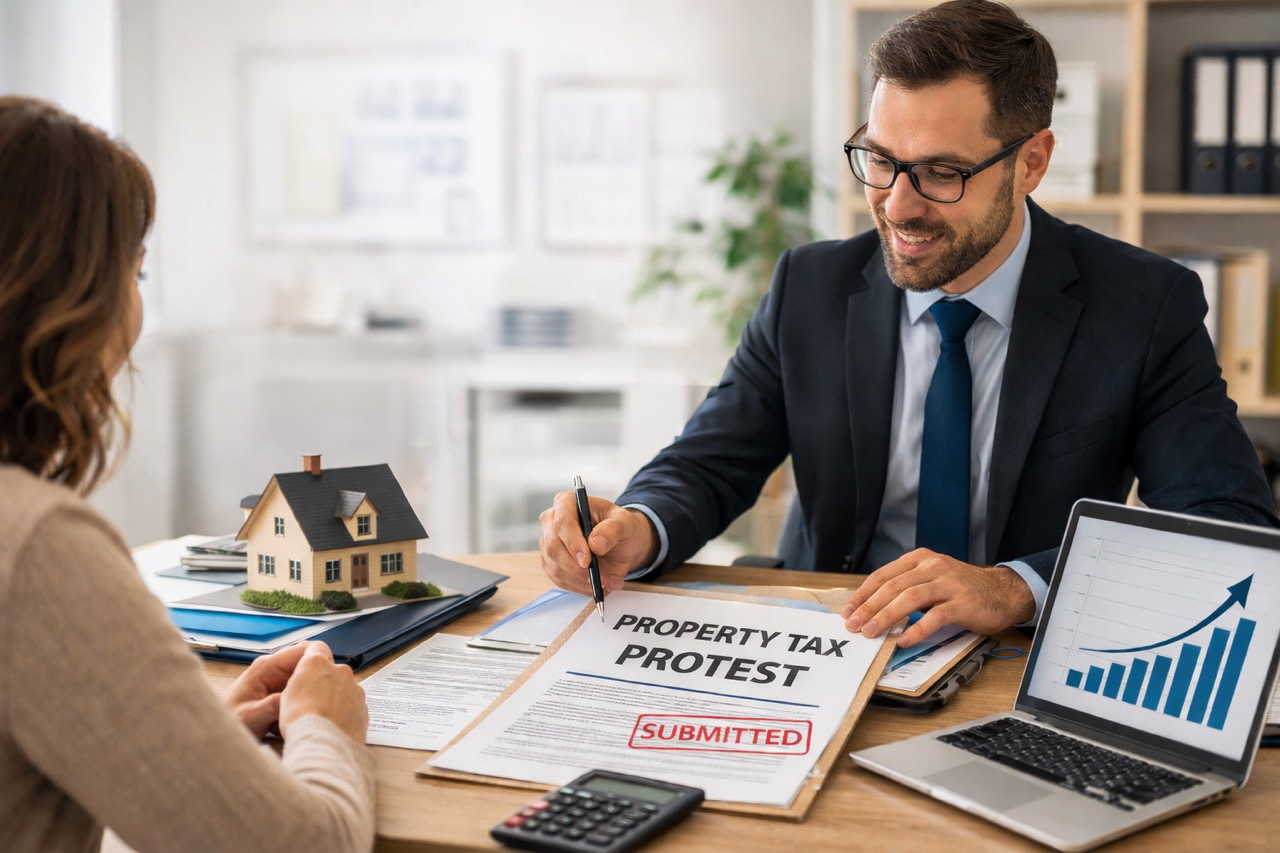 DomuTax professional handling property tax protest paperwork on behalf of homeowner — full service representation