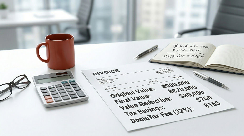 Transparent DomuTax invoice showing property address, savings achieved, and fee calculation after successful protest