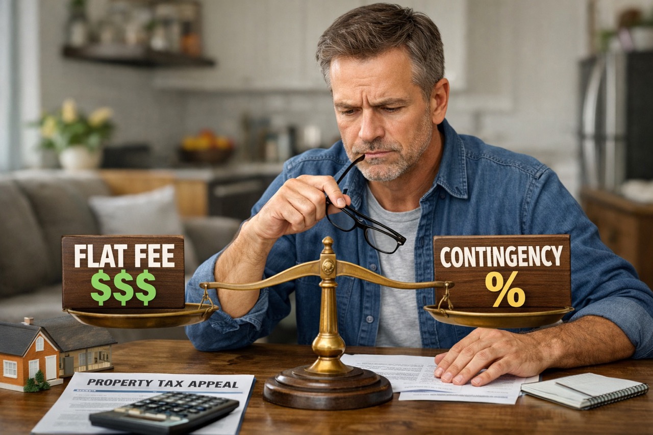 Homeowner weighing flat fee versus contingency pricing options for property tax protest service