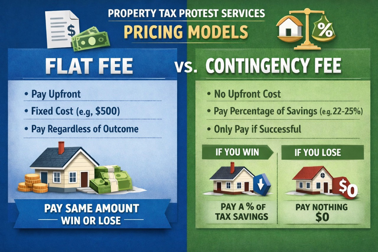 Side-by-side comparison of flat fee versus contingency pricing models for property tax protest services