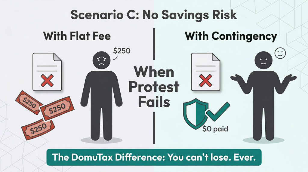 Chart comparing outcomes for flat fee and contingency pricing across three savings scenarios