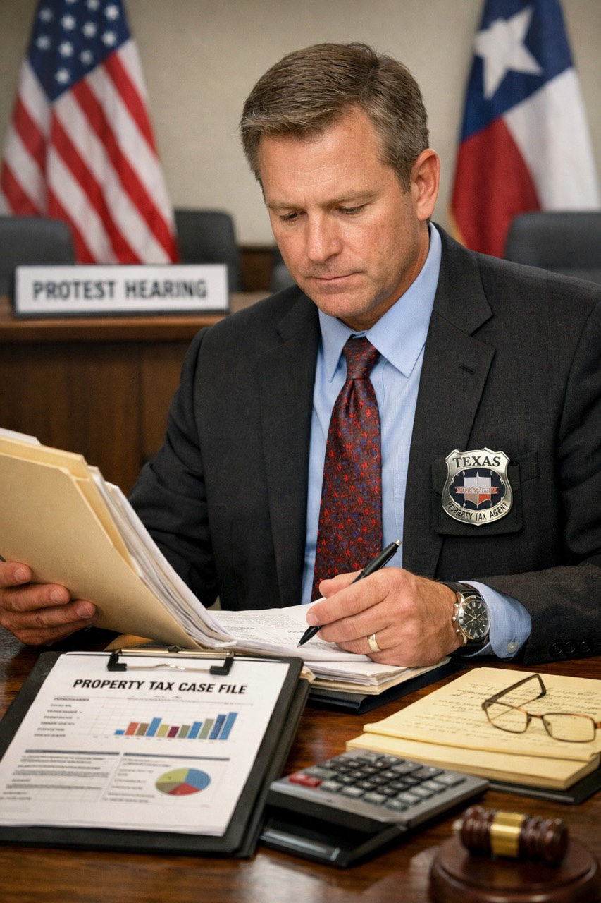 Licensed Texas property tax agent reviewing case files and documentation before a protest hearing