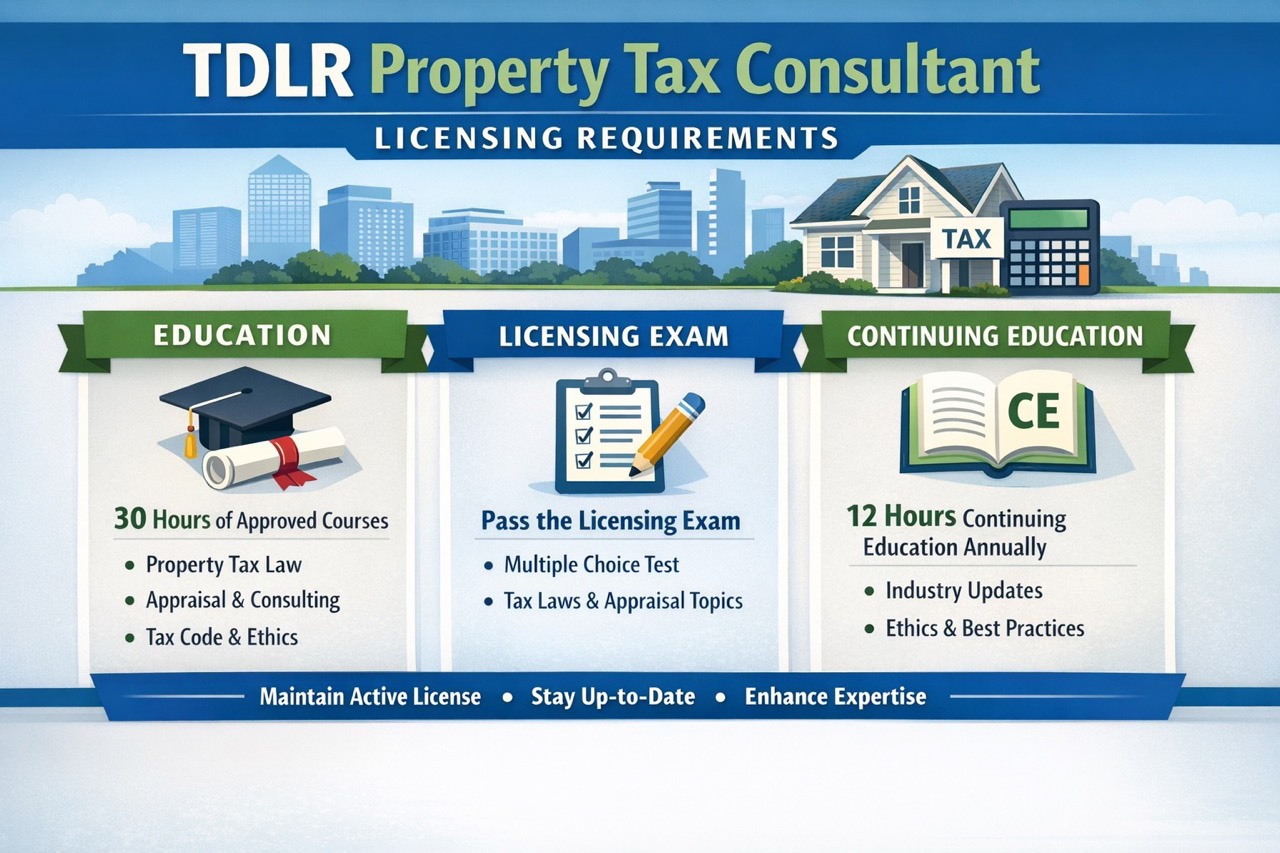 Overview of TDLR property tax consultant licensing requirements including education, exam, and ongoing continuing education