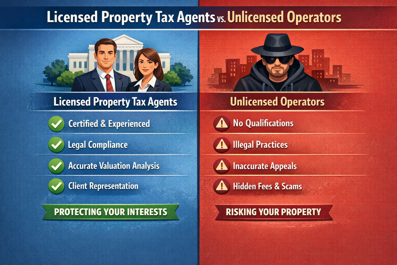 Comparison showing protections provided by licensed property tax agents versus risks of using unlicensed operators
