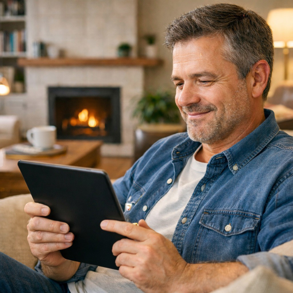 Homeowner checking DomuTax client portal on tablet in comfortable home setting with satisfied expression