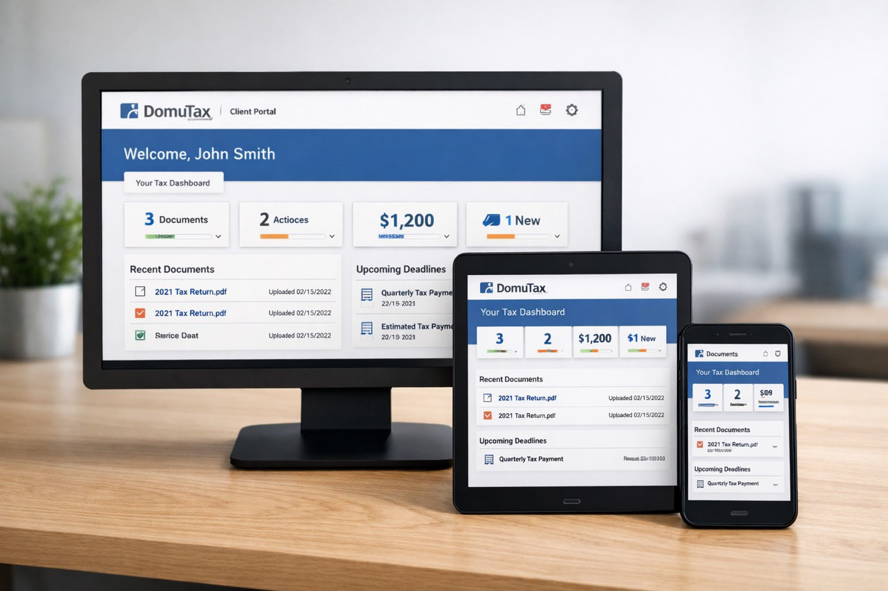 Three devices (desktop, tablet, smartphone) showing DomuTax client portal interface demonstrating multi-device accessibility